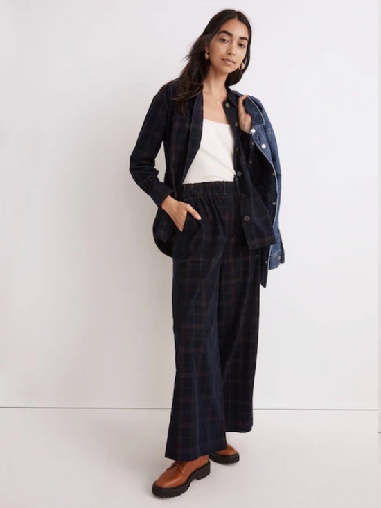 Madewell Pants - Madewell Corduroy Pull-On Wide-Leg Crop Pants in Windowpane Blue Multi Med #2178